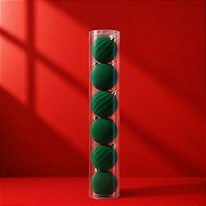 Bolas de Natal em Tubo - Verde - Veludo, Lisa e Gomo - 8cm - 6 unidades - Cromus - Rizzo