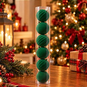Bolas de Natal em Tubo - Verde - Veludo, Lisa e Gomo - 8cm - 6 unidades - Cromus - Rizzo