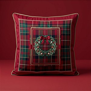 Almofada de Natal com Cardone - Xadrez Verde e Vermelho e Guirlanda - 50x50cm - 1 unidade - Rizzo