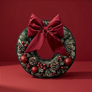 Almofada de Natal com Cardone - Formato Guirlanda com Aplique de Laço Vermelho - 40x40cm - 1 unidade - Rizzo