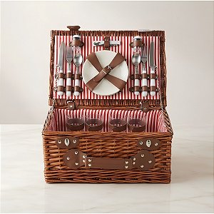 Kit Cesta Pic Nic Para 4 Pessoas - 45x19x30cm com 24 Peças - Marrom/Vermelho - 1 unidade - Cromus - Rizzo