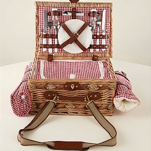 Kit Cesta Pic Nic Para 2 Pessoas - 40x21x28cm com 17 Peças - Natural/Vermelho - 1 unidade - Cromus - Rizzo