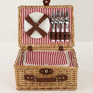 Kit Cesta Pic Nic Para 4 Pessoas - 38x18x28cm com 22 Peças - Natural/Vermelho - 1 unidade - Cromus - Rizzo