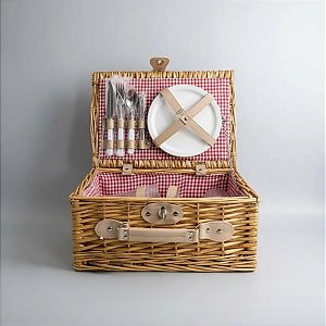 Kit Cesta Pic Nic Para 2 Pessoas - 35x15x25cm com 12 Peças - Natural/Vermelho - 1 unidade - Cromus - Rizzo