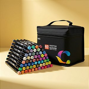 Kit Canetinhas Marcador para Colorir com Estojo - 60 Cores - Ponta Bullet 1mm e Chanfrada 6mm - 1 unidade - Deli - Rizzo