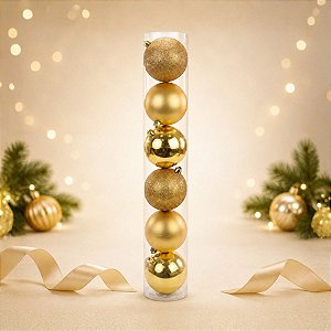 Bolas De Natal em Tubo - Ouro - Brilho, Fosco e Glitter - 5cm - 6 unidades - Cromus - Rizzo
