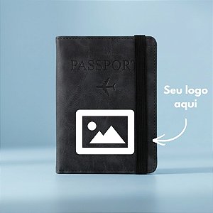 Porta Passaporte em Couro PU com Elástico Personalize com Logo - Preto - 14,8x11cm - 1 unidade - Rizzo