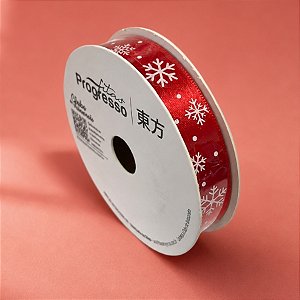 Fita de Cetim 15mm x 10m - Flocos de Neve Vermelho e Branco - ECF003S Cor 144 - Rolo 10m - 1 unidade - Progresso - Rizzo