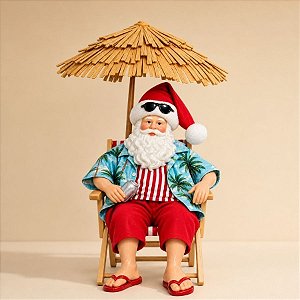 Papai Noel Praiano com Guarda Sol em Resina - 30x18cm - 1 unidade - Cromus - Rizzo