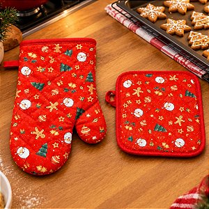 Kit Luva e Pegador Cozinha - Natal - Vermelha - 25x17cm - 1 unidade - Rizzo