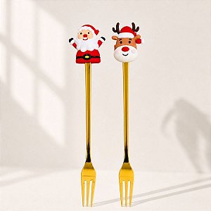 Kit Garfos Para Sobremesa de Natal - Papai Noel e Rena de Natal - 17cm - 2 unidades - Rizzo