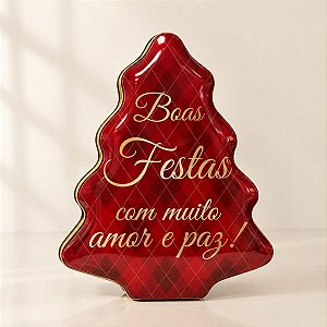 Lata de Natal de Metal - Boas Festas com Muito Amor e Paz  - Vermelho - 18,4x15,2x6,5 cm - 1 unidade - Rizzo