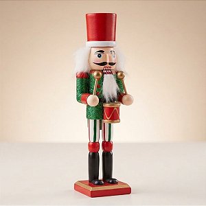 Soldado de Chumbo de Madeira com Bateria - 18cm - Chapéu Vermelho e Roupa Verde Glitter - 1 unidade - Rizzo