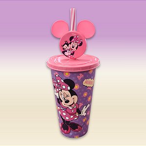 Copo de Plástico com Tampa e Canudo Pin - Minnie Mouse - Rosa e Lilás - 500ml - 1 unidade - Disney Original - Rizzo