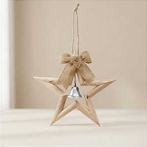 Enfeite de Pendurar de Natal - Estrela de Madeira com Laço e Sino - 29cm - 1 unidade - Cromus - Rizzo