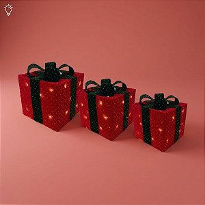 Caixa de Presente Decorativa com Laço com Led - Vermelho e Verde - 3 unidades - Cromus - Rizzo