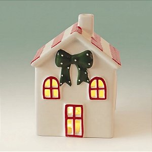 Enfeite Decorativo De Natal - Casa Branca, Vermelho e Verde com LED - 9,5x13x8cm - 1 unidade - Cromus - Rizzo