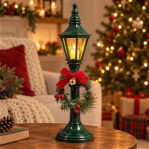 Enfeite Decorativo De Natal - Mini Poste com Guirlanda e LED - Verde - 9x31x9cm - 1 unidade - Cromus - Rizzo