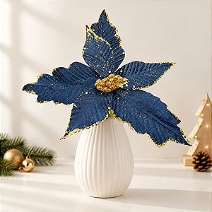 Poinsétia Decorativa - Azul e Ouro com Glitter - 42,5cm - 1 unidade - Cromus - Rizzo