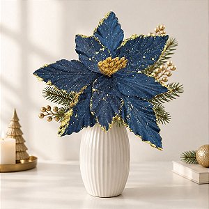 Poinsétia Decorativa - Azul com Glitter - 41,5cm - 1 unidade - Cromus - Rizzo