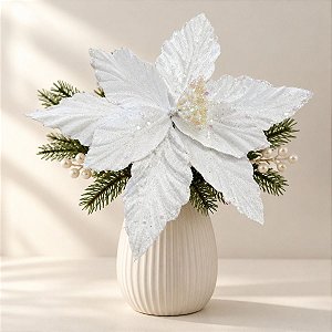 Poinsétia Decorativa - Branco com Glitter - 41,5cm - 1 unidade - Cromus - Rizzo
