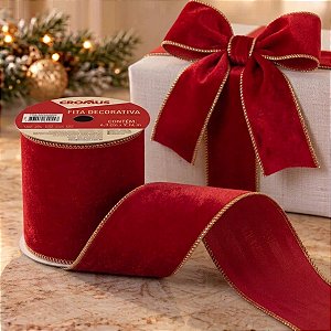 Fita Aramada Decorativa de Natal - Veludo Vermelho - 10cm x 4,57m - 1 unidade - Cromus - Rizzo