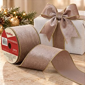 Fita Aramada Decorativa de Natal - Veludo Bege e Ouro - 6,3cm x 9,14m - 1 unidade - Cromus - Rizzo