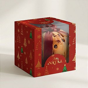 Caixa para Panetone com Visor - Natal Clássico - Vermelho - 15x15cm - 10 unidades - Regina - Rizzo