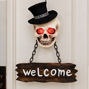 Enfeite para Porta Halloween com Luz - Crânio Welcome - 43cm  - 1 unidade - Cromus - Rizzo
