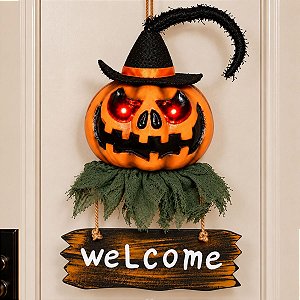 Enfeite para Porta Halloween com Luz - Abóbora Welcome - 43cm  - 1 unidade - Cromus - Rizzo