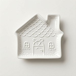 Petisqueira Decorativa de Natal de Cerâmica - Casa Gingerbread - Branca - 14,5x2x14,5cm - 1 unidade - Rizzo