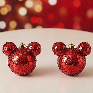 Bola de Natal - Mickey - Glitter Flocado Vermelho - 10cm - Disney Original - 2 unidades - Cromus - Rizzo