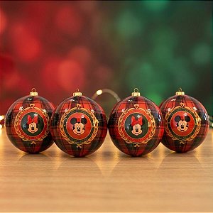 Bola de Natal - Mickey Mouse - Xadrez Vermelho - 8cm - Disney Original - 4 unidades - Cromus - Rizzo