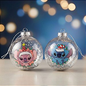 Bola de Natal - Stitch e Angel - Glitter - 10cm - Disney Original - 2 unidades - Cromus - Rizzo