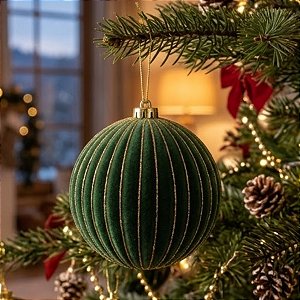 Bola de Natal - Flocada - Verde e Ouro - 15cm - 2 unidades - Cromus - Rizzo