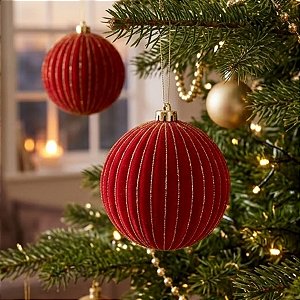 Bola de Natal - Flocada - Vermelho e Ouro - 15cm - 2 unidades - Cromus - Rizzo