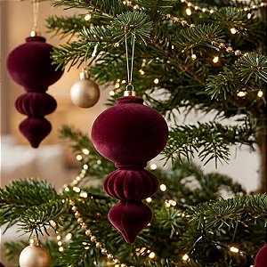 Enfeite para Pendurar de Natal - Pino Flocado Borgonha - 13x26x13cm - 1 unidade - Cromus - Rizzo