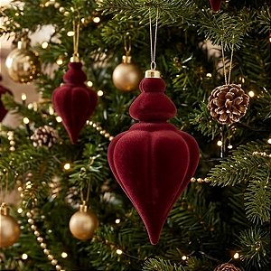 Enfeite para Pendurar de Natal - Pino Flocado Borgonha - 11x25x11cm - 1 unidade - Cromus - Rizzo