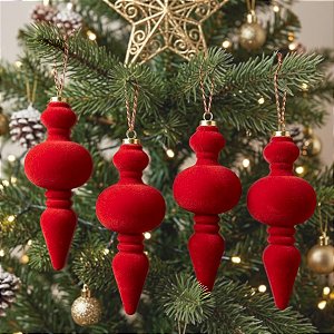 Enfeite para Pendurar de Natal - Pino Flocado Vermelho - 16x5,5x5,5cm - 4 unidades - Cromus - Rizzo