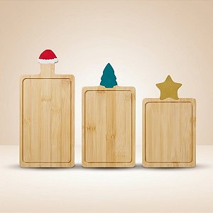 Kit 3 Bandejas de Natal de Bambu - Gorro, Árvore, Estrela - 3 unidades - Cromus - Rizzo