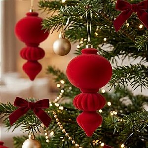 Enfeite para Pendurar de Natal - Pino Flocado Vermelho - 13x26x13cm - 1 unidade - Cromus - Rizzo