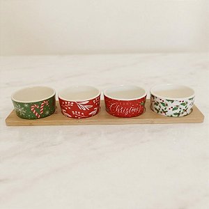 Petisqueira de Madeira com 4 Bowls de Natal - 38x9,5x5cm - 5 unidades - Cromus - Rizzo
