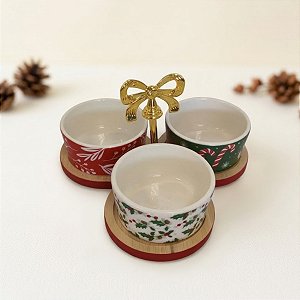 Petisqueira de Madeira com Alça e 3 Bowls de Natal - 20x12x18cm - 4 unidades - Cromus - Rizzo