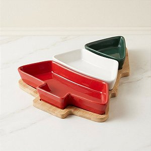 Petisqueira de Madeira Árvore de Natal com 3 Bowls Coloridos - 20x28x4cm - 4 unidades - Cromus - Rizzo