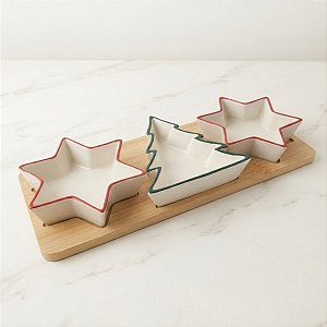 Petisqueira de Madeira com 3 Bowls de Natal - Estrelas e Árvore - 30x12x4cm - 4 unidades - Cromus - Rizzo