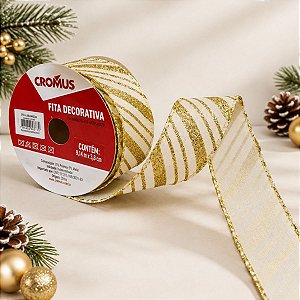 Fita Aramada Decorativa de Natal - Branco e Ouro com Listras e Glitter - 3,8cmx9,14cm - 1 unidade - Cromus - Rizzo