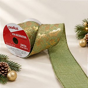 Fita Aramada Decorativa de Natal - Folhas e Sinos - Verde e Ouro - 6,3cmx9,14m - 1 unidade - Cromus - Rizzo
