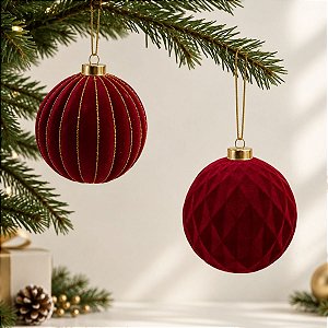 Bola de Natal - Losango Flocada - Bordô e Ouro - 12cm  - 2 unidades - Cromus - Rizzo