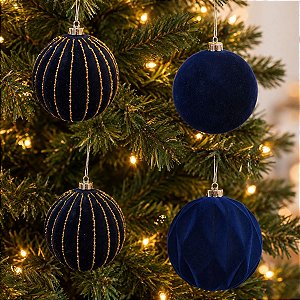 Bola de Natal - Losango Flocada - Azul Marinho e Ouro - 10cm  - 4 unidades - Cromus - Rizzo