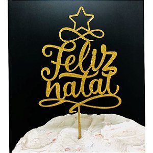 Topo de Bolo Feliz Natal Glitter Dourado Sonho Fino Rizzo Confeitaria